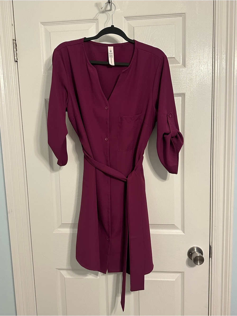 Women’s Belted V-Neck Shirt Dress - Plum